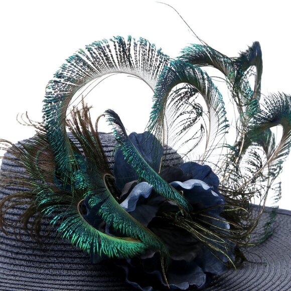 Large Brim Hat Peacock Feathers Floral Queens Plate Horse Race Summer Parties - Picture 9 of 12